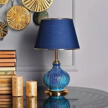 Подробный керамический абажур Safir Light Patara Tile — синяя шляпа/золотая ножка