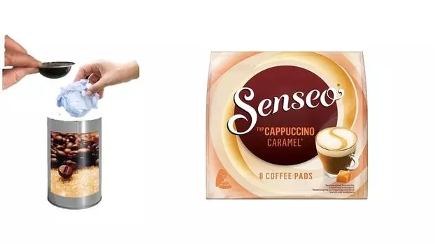 Подушечка для кофе Senseo, CAPPUCCINO CARAMEL, гармоничная, с кофеином + настольное мусорное ведро без крышки с 8,5 x 9 см, настольное мусорное ведро 0,5 литра Wak Innovation