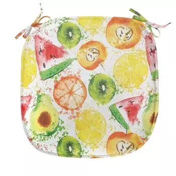 Подушка ABAKUHAUS Fruits для стульев для столовой, семена кистей, декоративная водонепроницаемая подушка с ремнями для кухонных сидений, 40 см x 40 см, оранжево-зеленый желтый, мультиколор