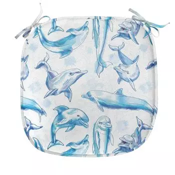 Подушка ABAKUHAUS Sea Creatures для стульев для столовой, эскиз дельфинов, декоративная водонепроницаемая подушка с ремнями для кухонных сидений, 40 см x 40 см, бирюзово-белый