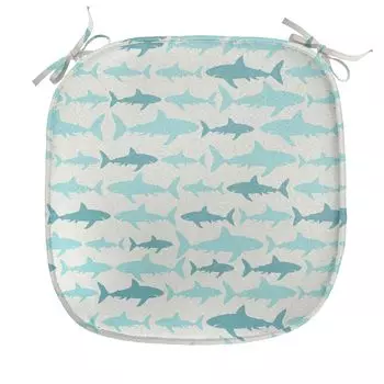 Подушка ABAKUHAUS Sea Creatures для стульев для столовой, Плавающие акулы в море, декоративная водонепроницаемая подушка с ремнями для кухонных сидений, 40 см x 40 см, бирюзово-бежевый, белый