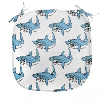 Подушка ABAKUHAUS Sea Creatures для стульев для столовой, Sea Fierce Wild Shark, декоративная водонепроницаемая подушка с ремнями для кухонных сидений, 40 см x 40 см, сине-белый