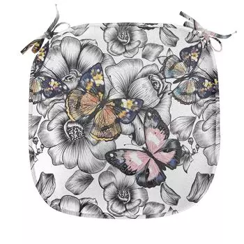 Подушка для обеденного стула ABAKUHAUS Butterfly, животное летнего сезона, декоративная водонепроницаемая подушка с ремнями для кухонных сидений, 40 см x 40 см, бледно-розовый, оранжевый, черный