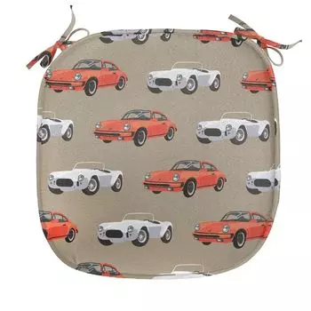 Подушка для обеденного стула ABAKUHAUS Cars, винтажный спортивный автомобиль, декоративная водонепроницаемая подушка с ремнями для кухонных сидений, 40 см x 40 см, коричнево-оранжевый