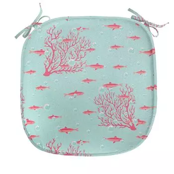 Подушка для обеденного стула ABAKUHAUS Coral, Fish Coral Reef Aquatic, декоративная водонепроницаемая подушка с ремнями для кухонных сидений, 40 см x 40 см, темно-коралловый нежно-голубой