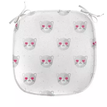 Подушка для обеденного стула ABAKUHAUS emoji, Kitty Faces Pink Hearts, декоративная водонепроницаемая подушка с ремнями для кухонных сидений, 40 см x 40 см, белый, серый, розовый