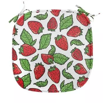 Подушка для обеденного стула ABAKUHAUS Fruit, сочные листья клубники, декоративная водонепроницаемая подушка с ремнями для кухонных сидений, 40 см x 40 см, зеленый папоротник красный