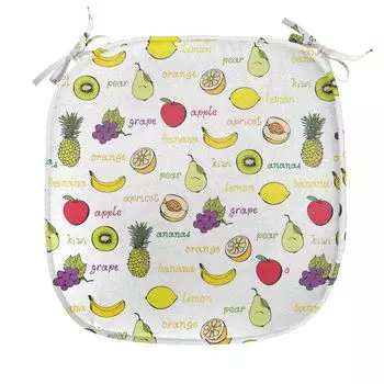 Подушка для обеденного стула ABAKUHAUS Fruits, летние свежие продукты, декоративная водонепроницаемая подушка с ремнями для кухонных сидений, 40 см x 40 см, рубиново-желтый фиолетовый, белый