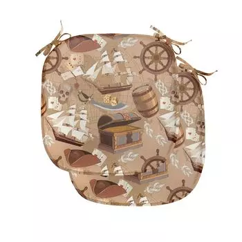 Подушка для обеденного стула ABAKUHAUS Pirates, Map Adventure, декоративная водонепроницаемая подушка с ремнями для кухонных сидений, 40 см x 40 см — упаковка из 2 шт., бледно-коричневый, белый, серый