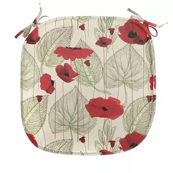 Подушка для обеденного стула ABAKUHAUS Poppy, эскиз листьев сельской флоры, декоративная водонепроницаемая подушка с ремнями для кухонных сидений, 40 см x 40 см, зеленый папоротник, алый бежевый