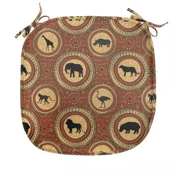 Подушка для обеденного стула ABAKUHAUS Safari, Monkey Lion Folk African, декоративная водонепроницаемая подушка с ремнями для кухонных сидений, 40 см x 40 см, горчичный и коричневый