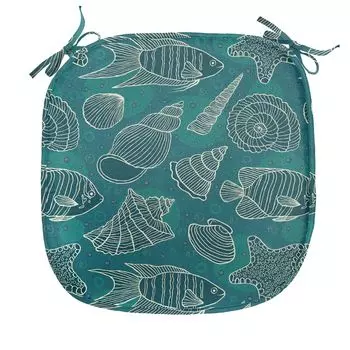 Подушка для обеденного стула ABAKUHAUS Sea Shells, дизайн Ocean Line, декоративная водонепроницаемая подушка с ремнями для кухонных сидений, 40 см x 40 см, сине-бирюзово-бежевый, синий