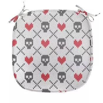 Подушка для обеденного стула ABAKUHAUS Skull, красные сердечки с черепом, декоративная водонепроницаемая подушка с ремнями для кухонных сидений, 40 см x 40 см, кокосово-серый красный, белый
