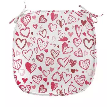 Подушка для обеденного стула ABAKUHAUS Valentines, сердечки в стиле эскиза, декоративная водонепроницаемая подушка с ремнями для кухонных сидений, 40 см x 40 см, рубиново-розовый белый