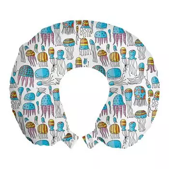 Подушка для путешествий ABAKUHAUS Aqua Jellyfish, поддержка шеи, Cartoon Happy Doodle, пенопластовые дорожные принадлежности для самолета и автомобиля, 30x30 см, разноцветные