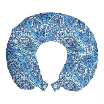 Подушка для путешествий ABAKUHAUS Blue Paisley, поддержка шеи, этническое цветочное искусство, пенопластовые дорожные принадлежности для самолета и автомобиля, 30x30 см, небесно-голубой и белый