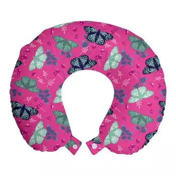 Подушка для путешествий ABAKUHAUS Butterfly Travel Pillow, Exotic Moth Nature Art, пенопластовые дорожные принадлежности для самолета и автомобиля, 30x30 см, розовый и разноцветный