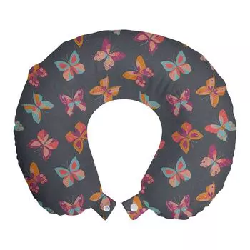 Подушка для путешествий ABAKUHAUS Butterfly Travel Pillow, Happy and Vivid Moths, пенопластовый дорожный предмет для самолета и автомобиля, 30x30 см, фиолетово-синий многоцветный