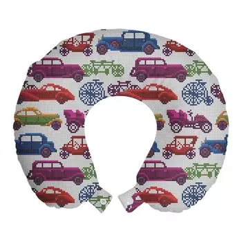 Подушка для путешествий ABAKUHAUS Cars, подушка для шеи, ритмичные красочные машинки, пенопластовые дорожные принадлежности для самолетов и автомобилей, 30x30 см, бледно-серые и разноцветные