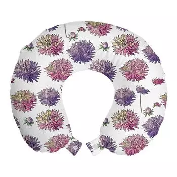 Подушка для путешествий ABAKUHAUS Flowers, поддерживающая шею, фиолетовые и румяные тона астры, пенопластовые дорожные принадлежности для самолетов и автомобилей, 30x30 см, фиолетово-розовый кремовый