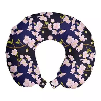 Подушка для путешествий ABAKUHAUS Flowers, поддержка шеи, Blooming Sakura Nature Art, пенопластовые дорожные принадлежности для самолета и автомобиля, 30x30 см, розово-желто-зеленый и индиго