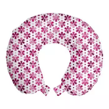Подушка для путешествий ABAKUHAUS Flowers, поддержка шеи, листья луговых цветов, пастель, пенопластовые дорожные принадлежности для самолета и автомобиля, 30x30 см, темно-пурпурный и розовый