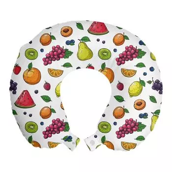 Подушка для путешествий ABAKUHAUS Fruits, поддержка шеи, виноград, киви, апельсин, лимон, пенопластовые дорожные принадлежности для самолета и автомобиля, 30x30 см, белый многоцветный