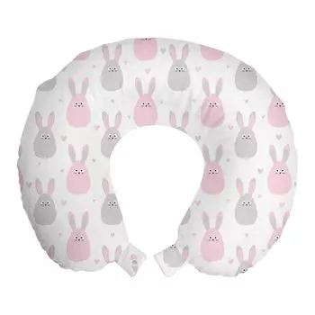 Подушка для путешествий ABAKUHAUS Rabbit, поддержка шеи, пушистый мультяшный кролик, пенопластовые дорожные принадлежности для самолета и автомобиля, 30x30 см, нежно-розовый и светло-серый