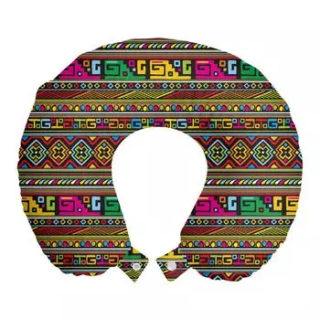 Подушка для путешествий ABAKUHAUS Tribal, поддержка шеи, красочные края, пенопластовые дорожные принадлежности для самолета и автомобиля, 30x30 см, разноцветные