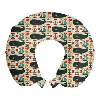 Подушка для путешествий ABAKUHAUS Whales, поддержка шеи, маяк, якорь, играющая в лодку, пенопластовые дорожные принадлежности для самолета и автомобиля, 30x30 см, серо-желтый, многоцветный