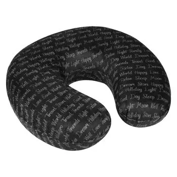 Подушка для шеи WELLGRO со съемным чехлом - пена с эффектом памяти - дорожная подушка на молнии с ремнем для транспортировки - прибл. 28x28x9 см (ДxШxВ) - цвет по выбору, цвет: черный с надписью.