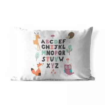 Подушка для улицы MuchoWow — Алфавит с иллюстрациями и лесными животными — 50x30 см — Устойчивость к атмосферным воздействиям — Подушка для отдыха — Чехол на подушку — Хлопчатобумажная ткань — Декоративные наволочки, мультиколор