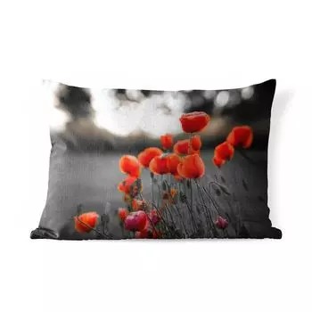 Подушка для улицы MuchoWow — Дикие красные маки в большом поле на черно-белом фоне — 50x30 см — Устойчивость к атмосферным воздействиям — Подушка для отдыха — Чехол на подушку — Хлопчатобумажная ткань — Декоративные наволочки, мультиколор