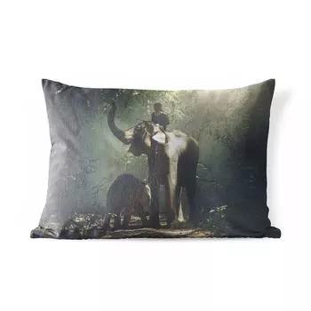 Подушка для улицы MuchoWow - дрессировщик слонов со слоненком и его детенышем в лесу - 50x30 см - защита от атмосферных воздействий - подушка для отдыха - чехол для подушки - хлопчатобумажная ткань - декоративные чехлы для подушек, мультиколор