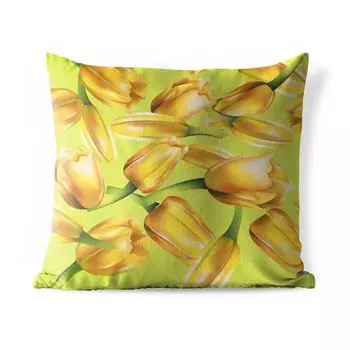 Подушка для улицы MuchoWow — Иллюстрация желтых тюльпанов на зеленом фоне — 50x50 см — Устойчивость к атмосферным воздействиям — Подушка для отдыха — Чехол на подушку — Хлопчатобумажная ткань — Декоративные наволочки, мультиколор