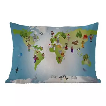 Подушка для улицы MuchoWow - Карта мира - Дети - Природа - Иллюстрация - Мальчики - Девочки - 50x30 см - Устойчивость к атмосферным воздействиям - Подушка для отдыха - Чехол на подушку - Хлопчатобумажная ткань - Декоративные наволочки, мультикол...