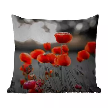 Подушка для улицы MuchoWow - красные маки на черно-белом фоне - 40x40 см - устойчива к атмосферным воздействиям - подушка для отдыха - чехол для подушки - хлопчатобумажная ткань - декоративные чехлы для подушек, мультиколор