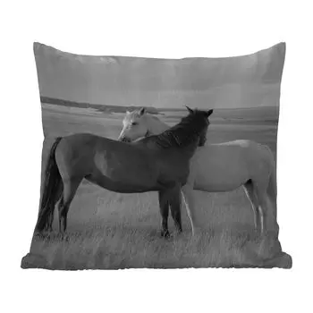 Подушка для улицы MuchoWow - Лошади - Животные - Портрет - Черно-белый - Деревенская жизнь - 40x40 см - Устойчивость к атмосферным воздействиям - Подушка для отдыха - Чехол на подушку - Хлопчатобумажная ткань - Декоративные наволочки, мультиколо...