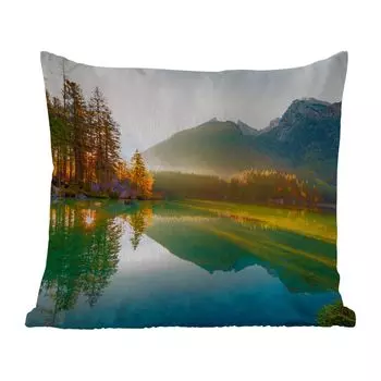 Подушка для улицы MuchoWow - озеро - лес - горы - природа - солнце - пейзаж - 50x50 см - защита от атмосферных воздействий - подушка для отдыха - чехол для подушки - хлопчатобумажная ткань - декоративные наволочки, мультиколор