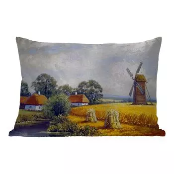 Подушка для улицы MuchoWow - роспись - ферма - мельница - масляная краска - 50x30 см - защита от атмосферных воздействий - подушка для отдыха - чехол для подушки - хлопчатобумажная ткань - декоративные чехлы для подушек, мультиколор