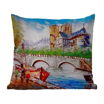 Подушка для улицы MuchoWow - роспись - Париж - лодка - мост - 50x50 см - защита от атмосферных воздействий - подушка для отдыха - чехол для подушки - хлопчатобумажная ткань - декоративные чехлы для подушек, мультиколор