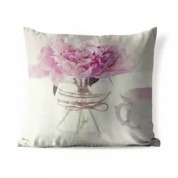 Подушка для улицы MuchoWow - розовый пион рядом с чашкой чая - 50x50 см - защита от атмосферных воздействий - подушка для отдыха - чехол для подушки - хлопчатобумажная ткань - декоративные чехлы для подушек, мультиколор