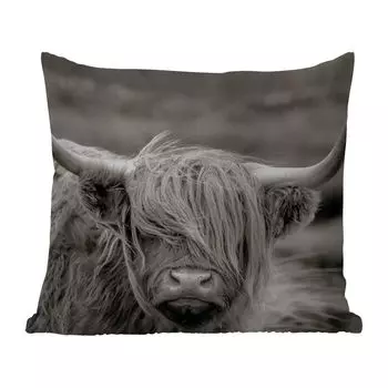 Подушка для улицы MuchoWow - Шотландский горец - Корова - Животные - Черно-белый - Сельский - 40x40 см - Устойчивость к атмосферным воздействиям - Подушка для отдыха - Чехол на подушку - Хлопчатобумажная ткань - Декоративные наволочки, мультикол...