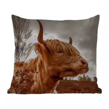 Подушка для улицы MuchoWow - Шотландский горец - Кустарник - Вереск - 50x50 см - Устойчивость к атмосферным воздействиям - Подушка для отдыха - Чехол на подушку - Хлопчатобумажная ткань - Декоративные наволочки, мультиколор