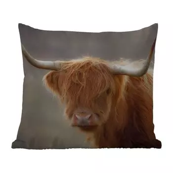 Подушка для улицы MuchoWow - Шотландский горец - Рога - Волосы - 50x50 см - Устойчивость к атмосферным воздействиям - Подушка для отдыха - Чехол на подушку - Хлопчатобумажная ткань - Декоративные чехлы на подушки, мультиколор
