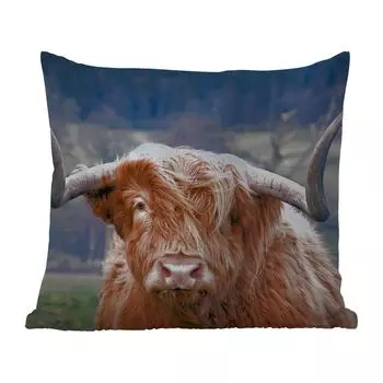 Подушка для улицы MuchoWow - Шотландский горец - Рога - Гора - 50x50 см - Устойчивость к атмосферным воздействиям - Подушка для отдыха - Чехол на подушку - Хлопчатобумажная ткань - Декоративные наволочки, мультиколор