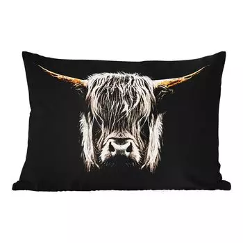 Подушка для улицы MuchoWow - Шотландский горец - Золото - Рога - Черно-белый - Корова - Животные - 50x30 см - Устойчивость к атмосферным воздействиям - Подушка для отдыха - Чехол на подушку - Хлопчатобумажная ткань - Декоративные наволочки, муль...