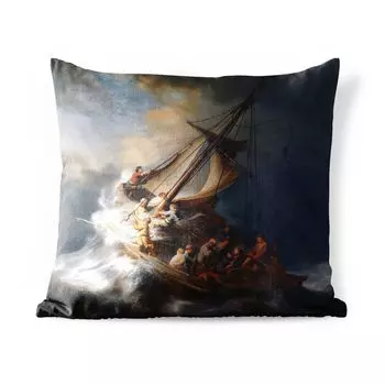 Подушка для улицы MuchoWow - Шторм на Галилейском море - Картина Рембрандта ван Рейна - 40x40 см - Устойчивость к атмосферным воздействиям - Подушка для отдыха - Чехол на подушку - Хлопчатобумажная ткань - Декоративные наволочки, мультиколор