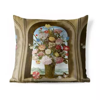 Подушка для улицы MuchoWow — Ваза с цветами на окне — Картина Амброзиуса Босхарта Старшего — 40x40 см — Устойчивость к атмосферным воздействиям — Подушка для отдыха — Чехол на подушку — Хлопчатобумажная ткань — Декоративные наволочки, мультиколо...