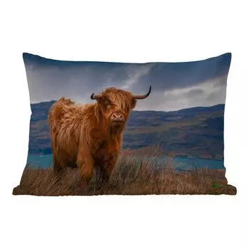 Подушка MuchoWow для улицы - Шотландский горец - Гора - Вода - Природа - Корова - 60x40 см - Устойчивость к атмосферным воздействиям - Подушка для отдыха - Чехлы для подушек - Декоративные чехлы для подушек - Декоративные чехлы для подушек, муль...